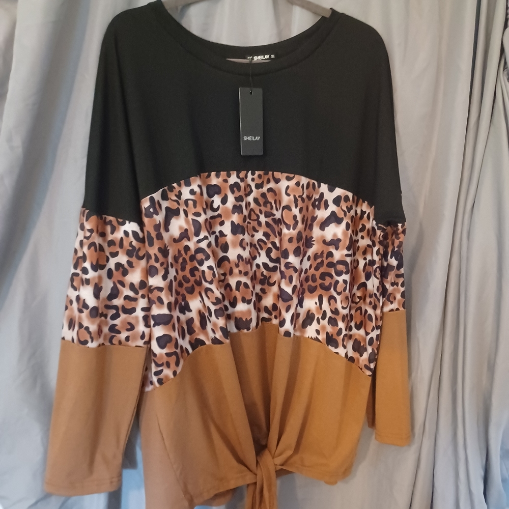 Black, leopard & brown on front and back, tie at waist in front long sleeve top